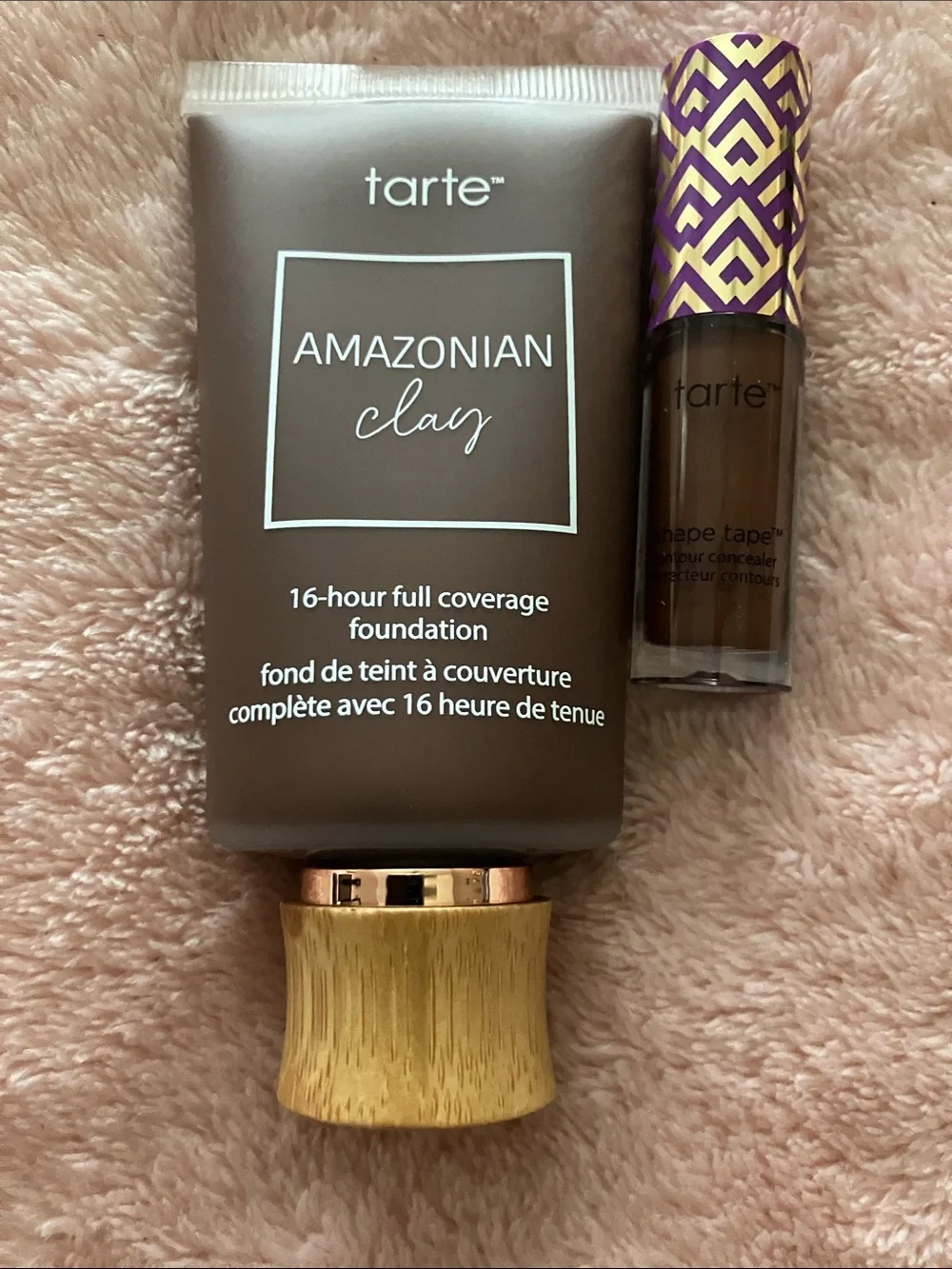tarte Amazonian Clay Foundation with Purple Shape Tape Concealer Packaging